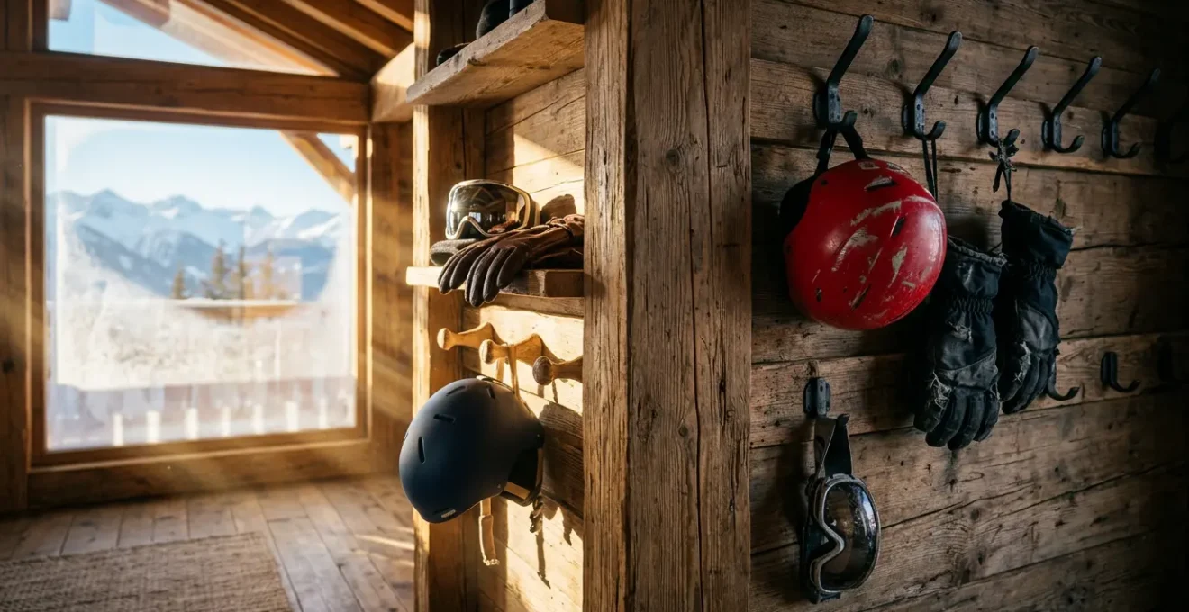 Vue comparative d'équipements de ski personnels bien entretenus et d'accessoires de location usés dans un intérieur de chalet alpin