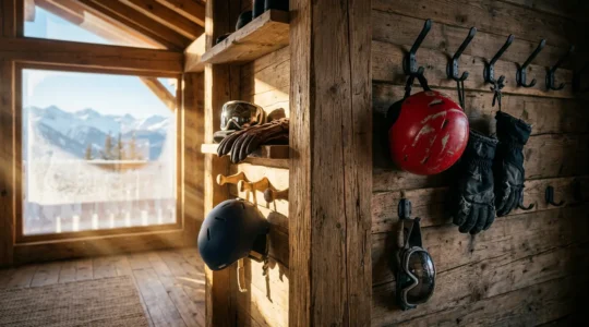 Vue comparative d'équipements de ski personnels bien entretenus et d'accessoires de location usés dans un intérieur de chalet alpin