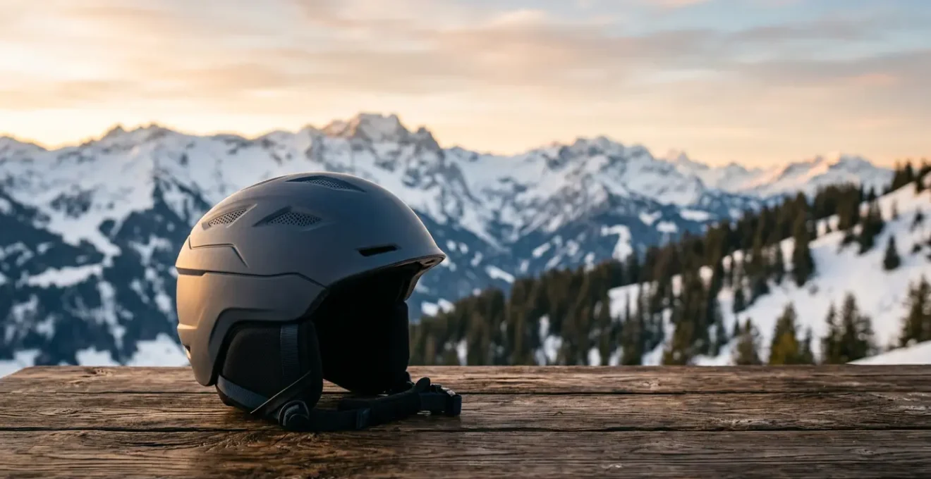 Casque de ski posé sur une table en bois avec montagnes enneigées floues en arrière-plan