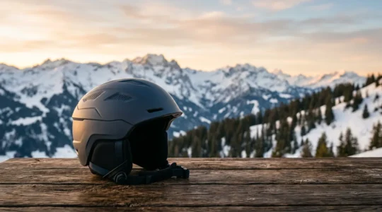 Casque de ski posé sur une table en bois avec montagnes enneigées floues en arrière-plan