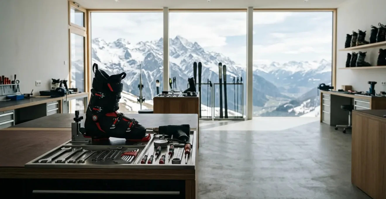Chaussures de ski dans un atelier de bootfitting avec outils professionnels