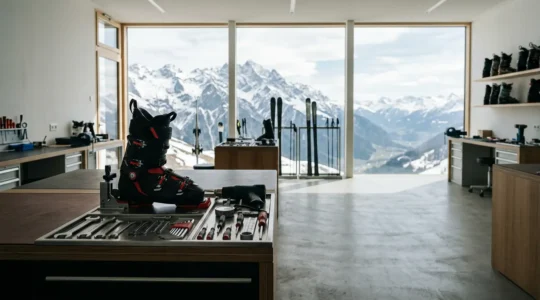 Chaussures de ski dans un atelier de bootfitting avec outils professionnels