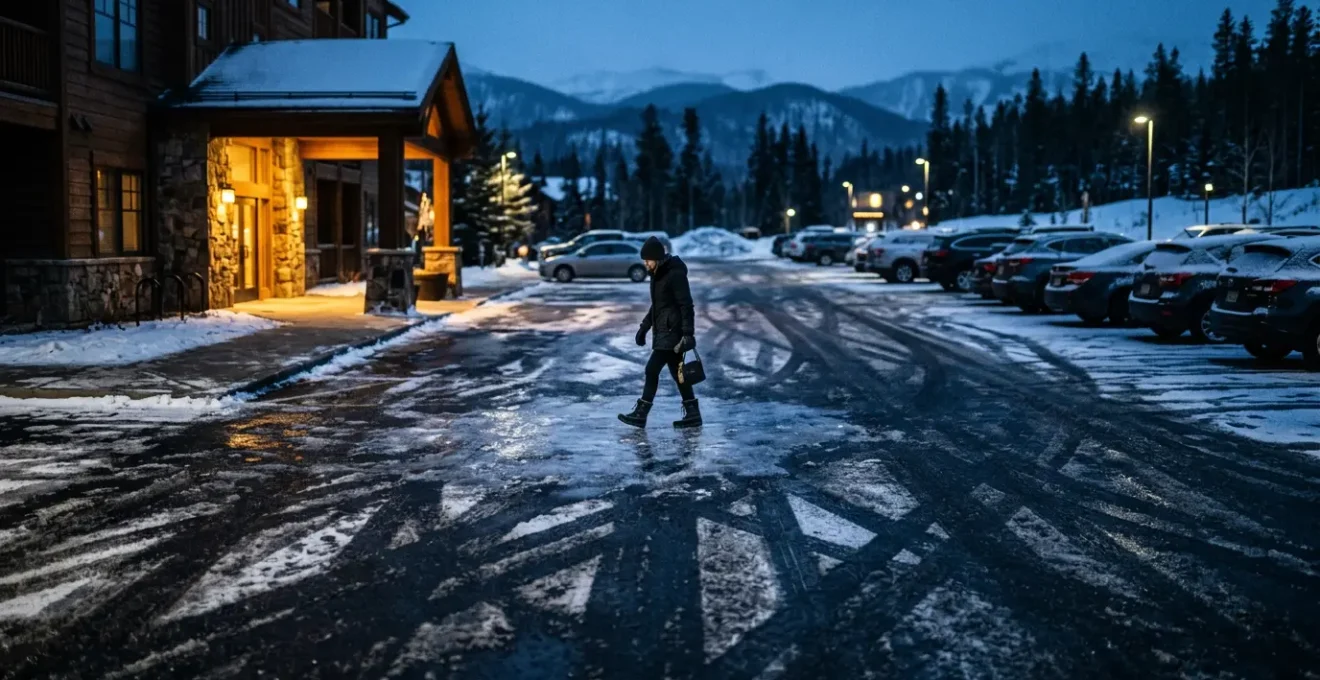 Skieur évitant de justesse une plaque de verglas devant une résidence de station de ski