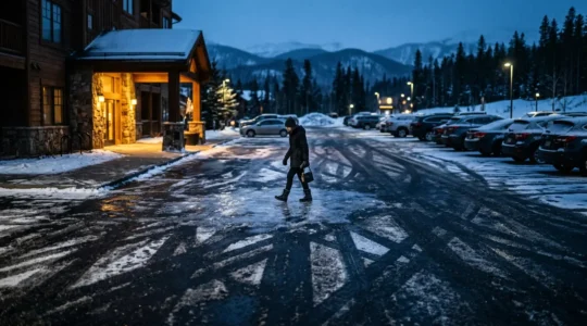 Skieur évitant de justesse une plaque de verglas devant une résidence de station de ski