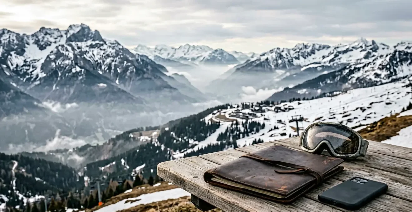 Consultation juridique après un accident de ski dans les Alpes avec documents et équipement de ski