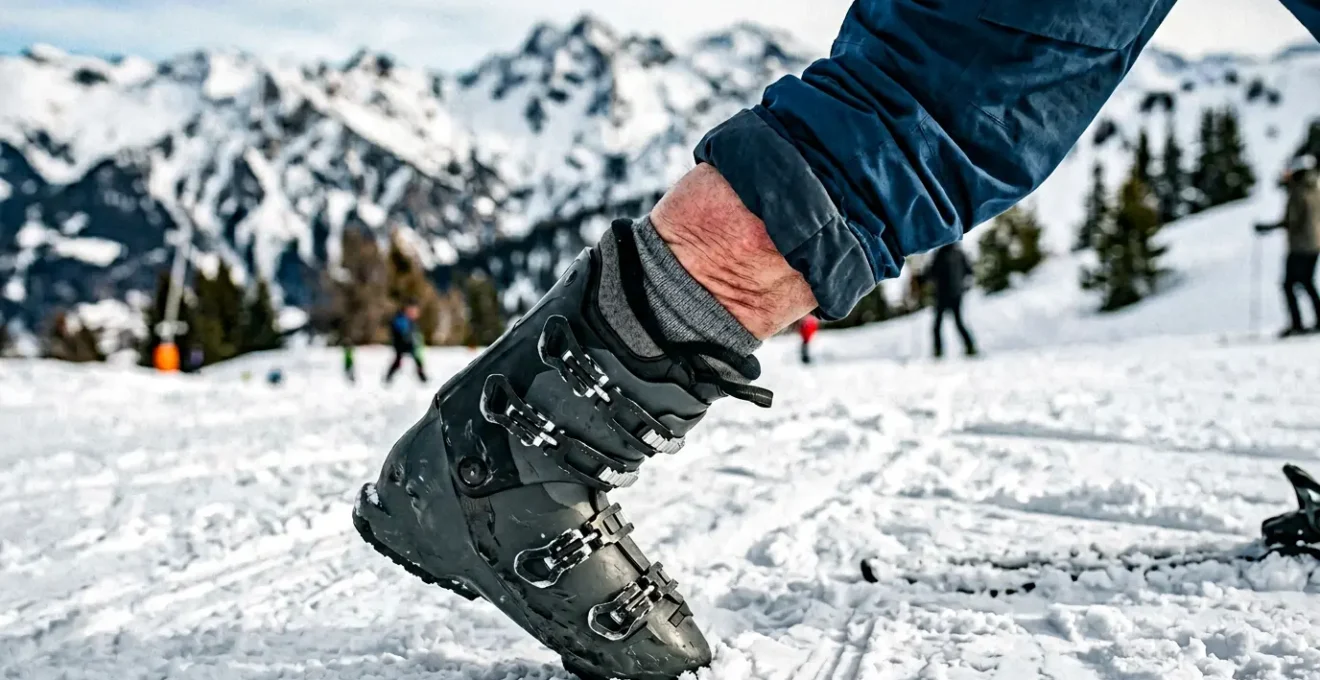 Skieuse en position de descente avec zones de douleur mises en évidence au niveau des tibias dans ses chaussures de ski