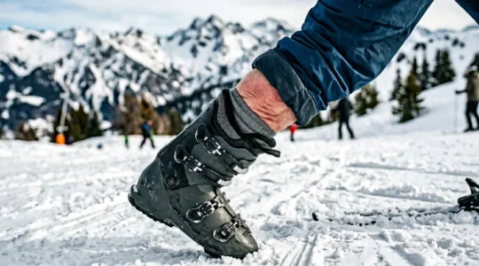 Skieuse en position de descente avec zones de douleur mises en évidence au niveau des tibias dans ses chaussures de ski