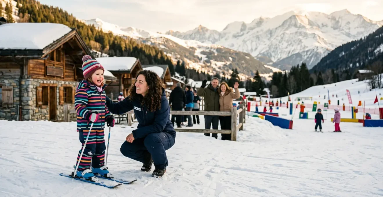 Enfant souriant avec son équipement de ski au jardin des neiges entouré de moniteurs bienveillants