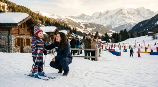 Enfant souriant avec son équipement de ski au jardin des neiges entouré de moniteurs bienveillants