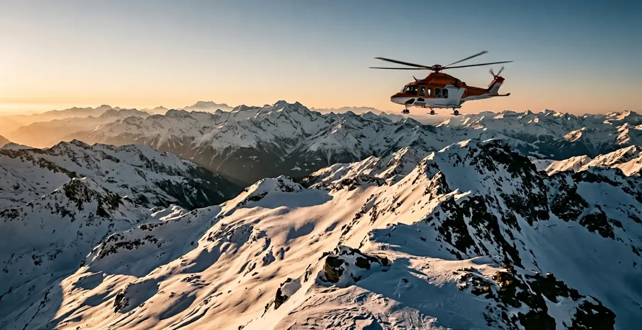 Vue aérienne d'un hélicoptère de secours survolant des sommets enneigés isolés lors d'une mission d'évacuation