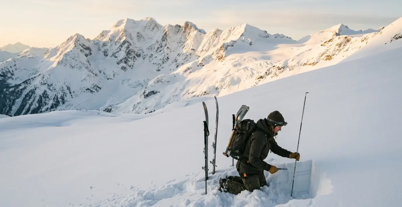 Skieur expérimenté analysant le manteau neigeux avec une sonde dans une pente de montagne immaculée