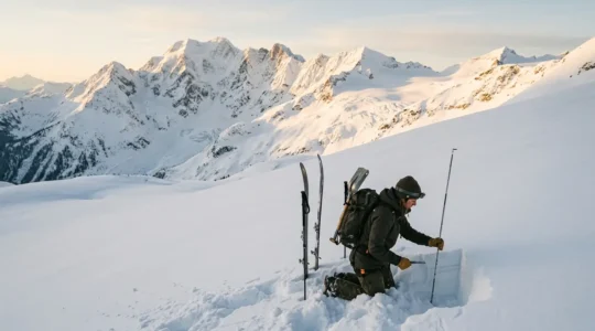 Skieur expérimenté analysant le manteau neigeux avec une sonde dans une pente de montagne immaculée