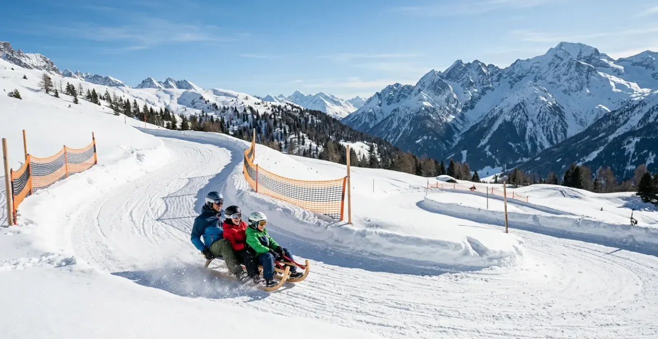 Famille sur une piste de luge aménagée dans les Alpes avec virages relevés et filets de sécurité