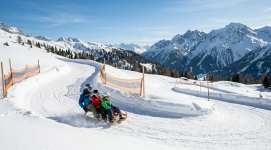Famille sur une piste de luge aménagée dans les Alpes avec virages relevés et filets de sécurité