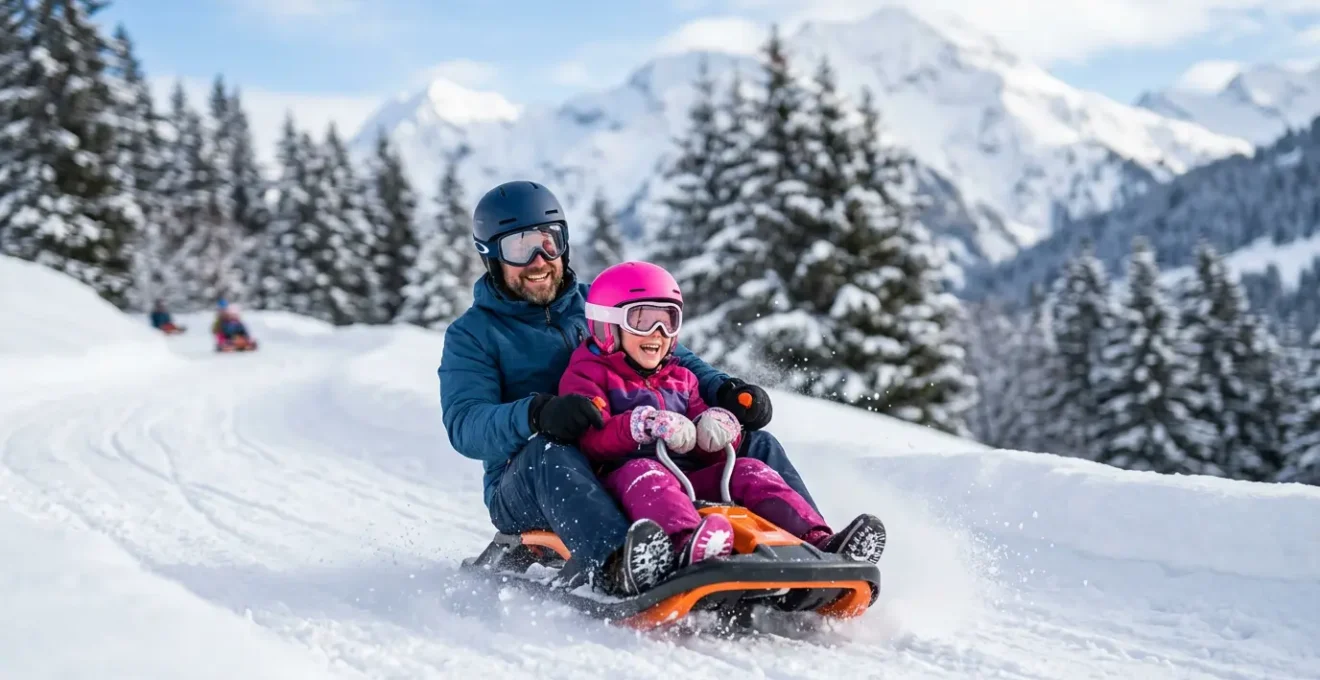 Famille équipée de casques faisant de la luge en toute sécurité sur une piste aménagée