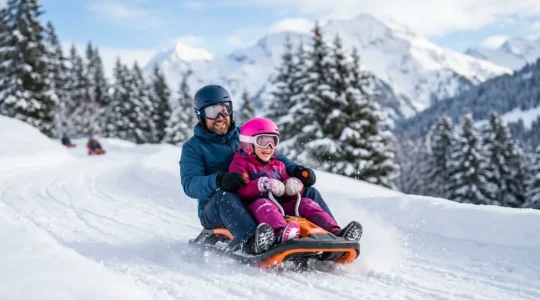 Famille équipée de casques faisant de la luge en toute sécurité sur une piste aménagée