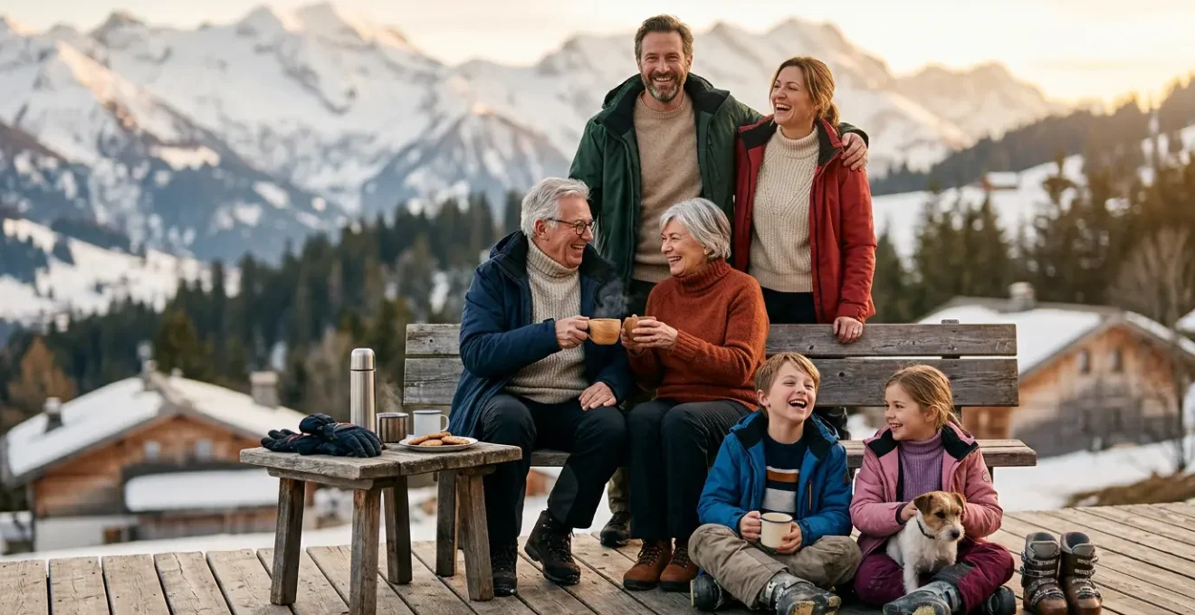 Trois générations d'une famille sur une terrasse de chalet en montagne, savourant un moment de complicité après le ski