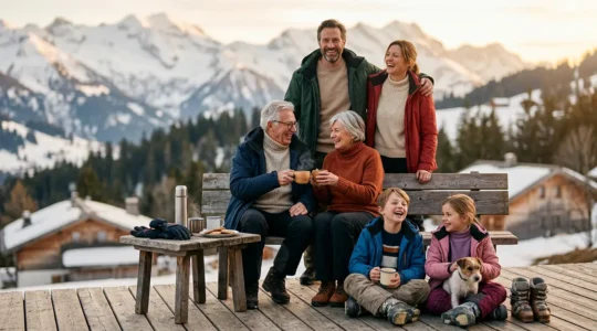 Trois générations d'une famille sur une terrasse de chalet en montagne, savourant un moment de complicité après le ski