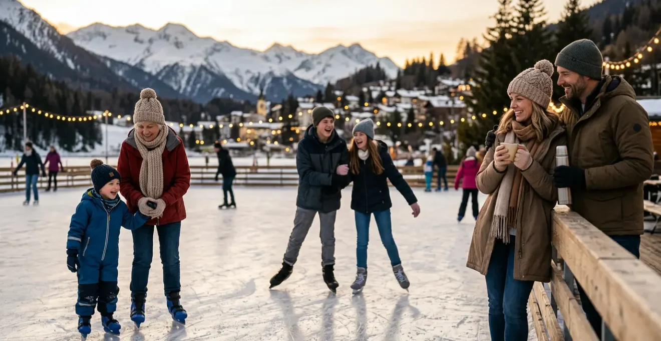 Famille heureuse patinant sur une patinoire extérieure en station de montagne au crépuscule