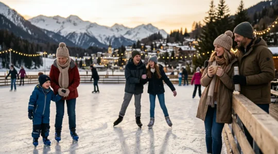 Famille heureuse patinant sur une patinoire extérieure en station de montagne au crépuscule