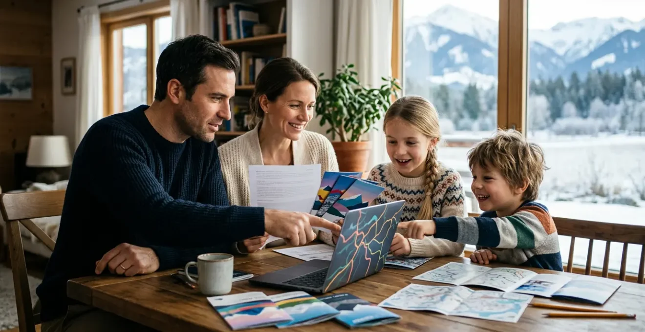 Famille de quatre personnes planifiant leur séjour au ski sur un ordinateur avec cartes et documents