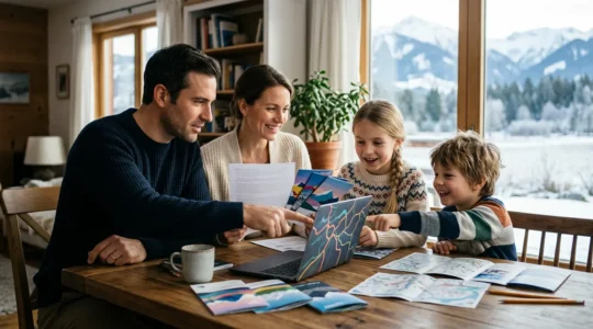 Famille de quatre personnes planifiant leur séjour au ski sur un ordinateur avec cartes et documents