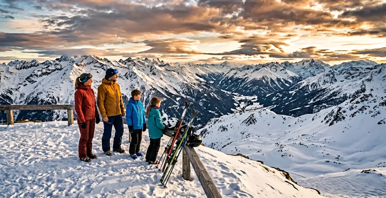 Famille en tenue de ski profitant des pistes enneigées avec vue panoramique sur les sommets alpins