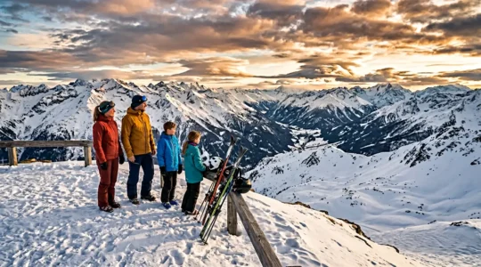 Famille en tenue de ski profitant des pistes enneigées avec vue panoramique sur les sommets alpins