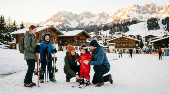 Famille avec enfants dans une station de ski labellisée Famille Plus profitant d'activités adaptées