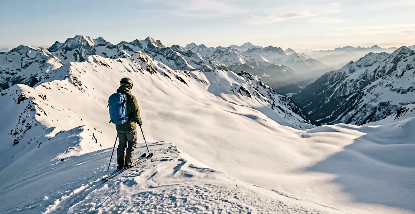 Skieur contemplant les sommets enneigés avant une descente hors-piste en montagne