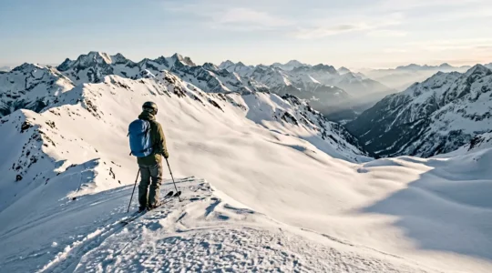 Skieur contemplant les sommets enneigés avant une descente hors-piste en montagne