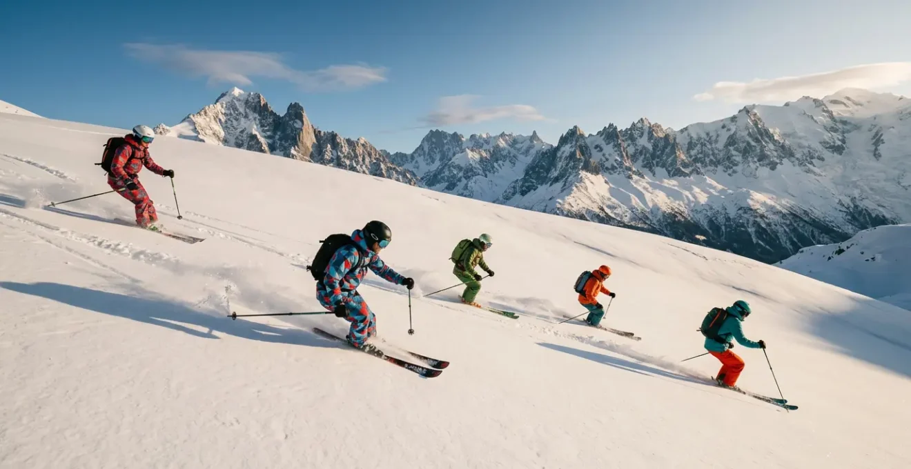 Groupe de skieurs descendant ensemble une piste de montagne en formation harmonieuse