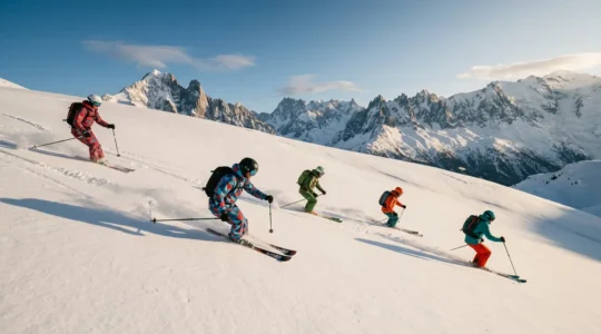Groupe de skieurs descendant ensemble une piste de montagne en formation harmonieuse