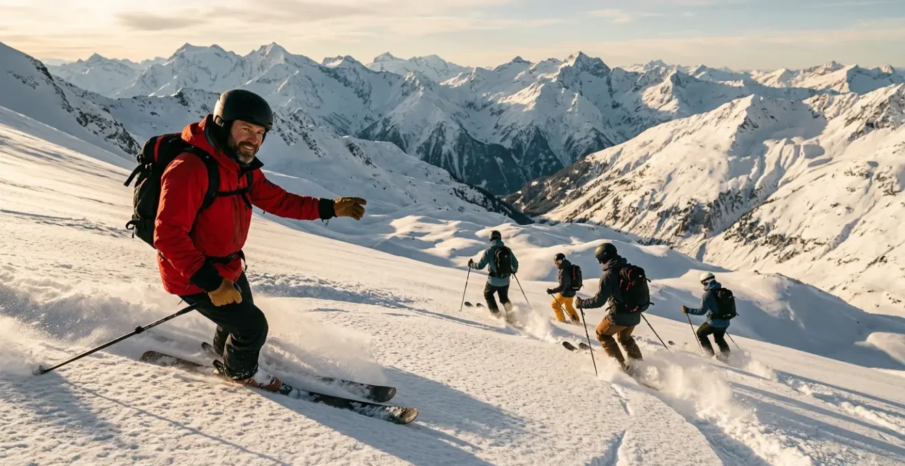 Guide de haute montagne accompagnant un groupe de skieurs dans une descente hors-piste sécurisée