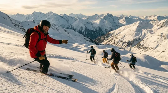Guide de haute montagne accompagnant un groupe de skieurs dans une descente hors-piste sécurisée
