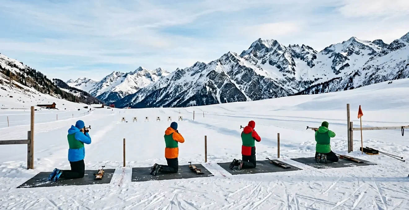 Groupe de débutants en position de tir avec carabines de biathlon sur un pas de tir enneigé