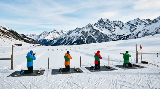Groupe de débutants en position de tir avec carabines de biathlon sur un pas de tir enneigé