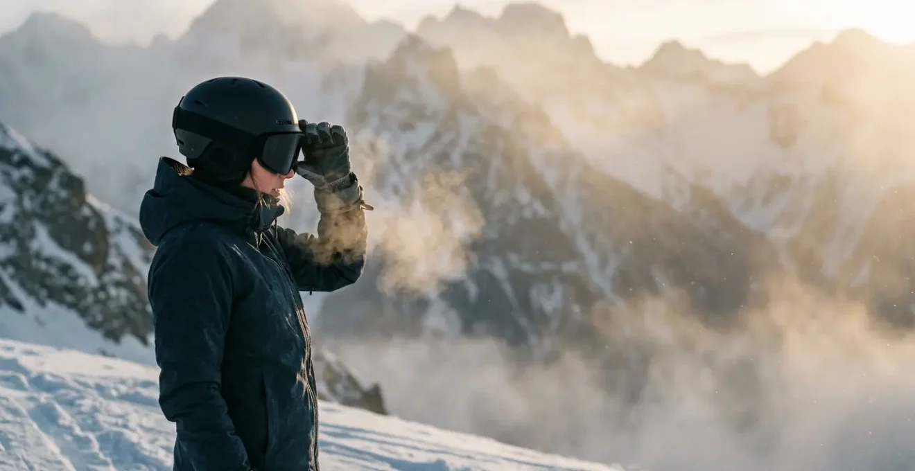Skieur ajustant son masque de ski avec effet de ventilation visible dans un environnement enneigé