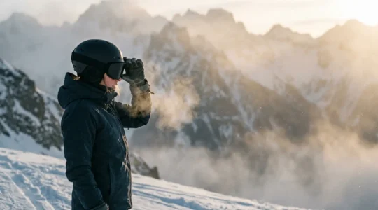 Skieur ajustant son masque de ski avec effet de ventilation visible dans un environnement enneigé