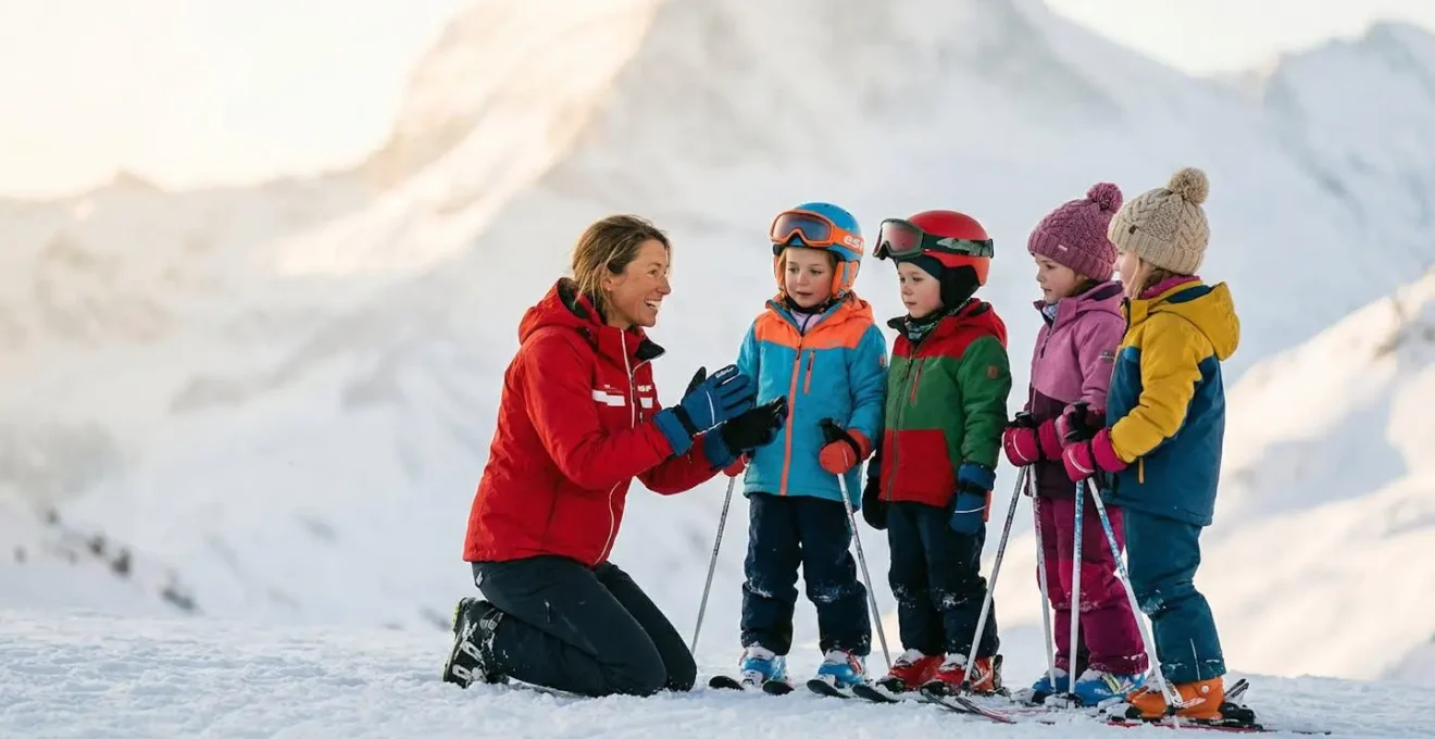 Moniteur de ski en interaction bienveillante avec un groupe d'enfants sur une piste douce, montrant un geste technique avec patience