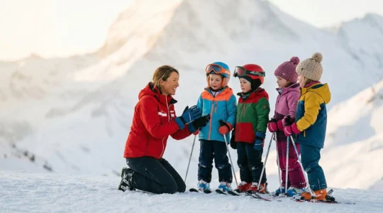Moniteur de ski en interaction bienveillante avec un groupe d'enfants sur une piste douce, montrant un geste technique avec patience
