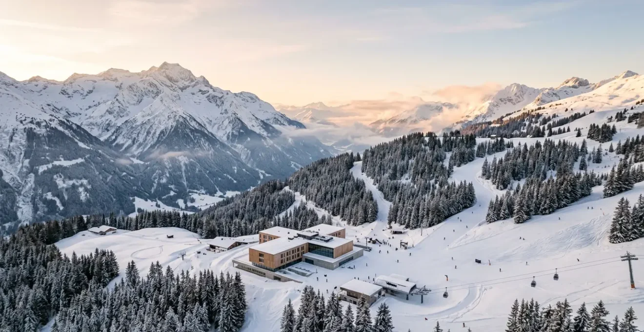 Vue en plongée d'une station de ski alpine avec des pistes enneigées serpentant entre des sapins, un cabinet médical moderne en arrière-plan