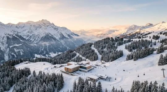 Vue en plongée d'une station de ski alpine avec des pistes enneigées serpentant entre des sapins, un cabinet médical moderne en arrière-plan