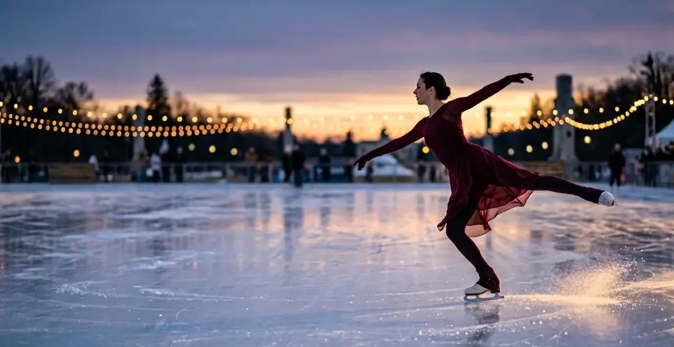 Patineurs évoluant gracieusement sur une patinoire illuminée au crépuscule
