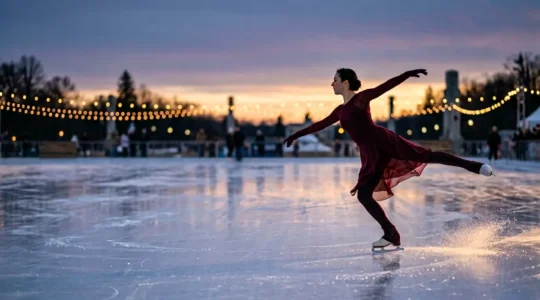 Patineurs évoluant gracieusement sur une patinoire illuminée au crépuscule