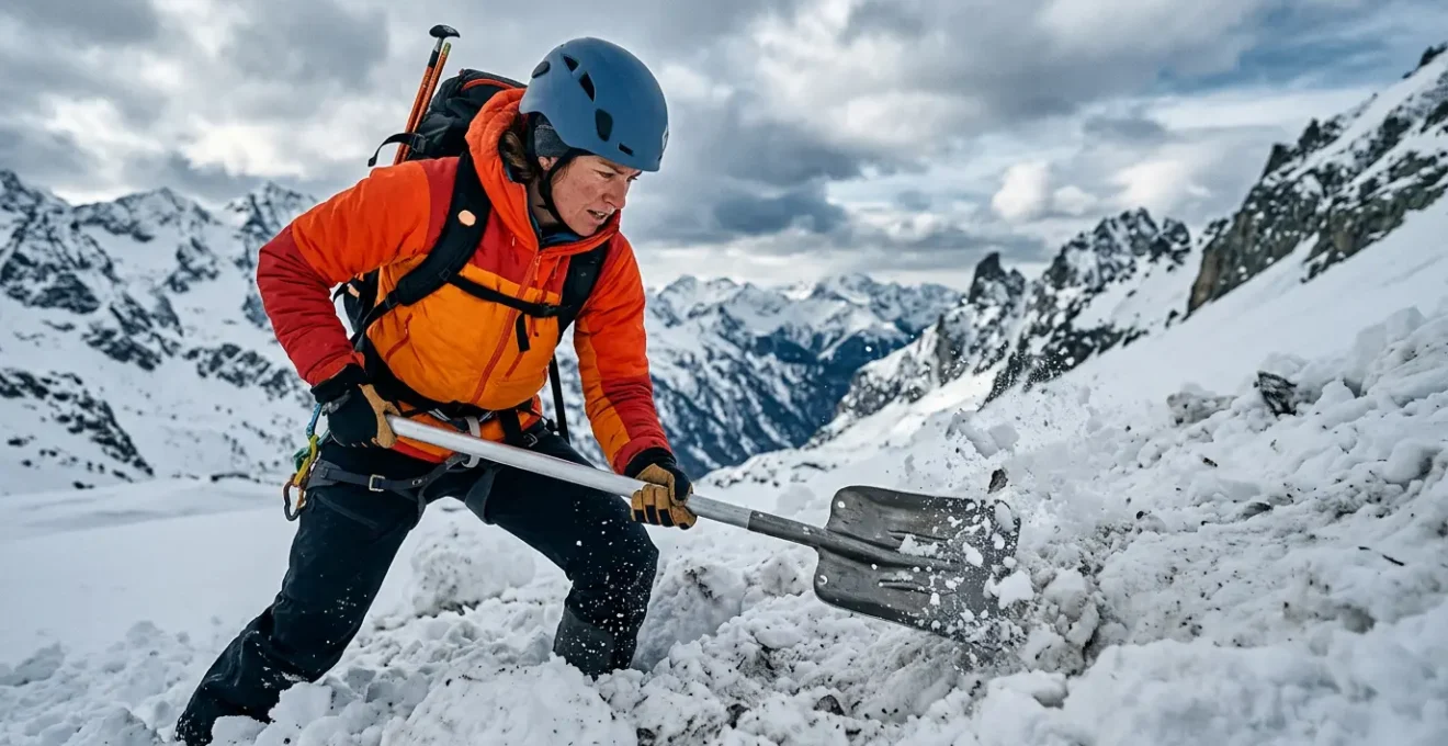 Sauveteur en montagne utilisant une pelle pour dégager la neige compacte lors d'un exercice de secours avalanche