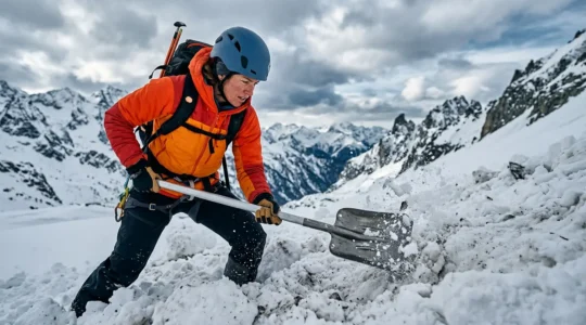 Sauveteur en montagne utilisant une pelle pour dégager la neige compacte lors d'un exercice de secours avalanche