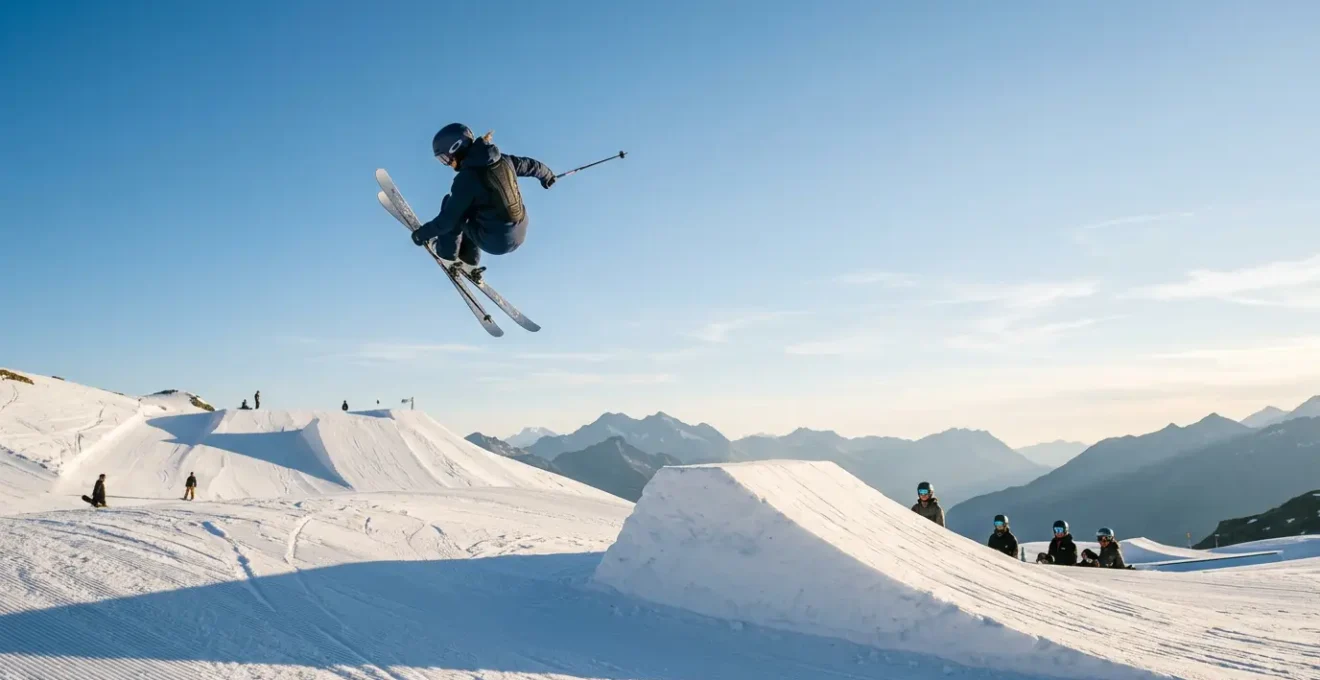 Skieur en plein 360 degrés au-dessus d'un kicker dans un snowpark ensoleillé
