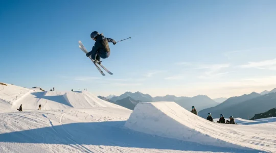 Skieur en plein 360 degrés au-dessus d'un kicker dans un snowpark ensoleillé