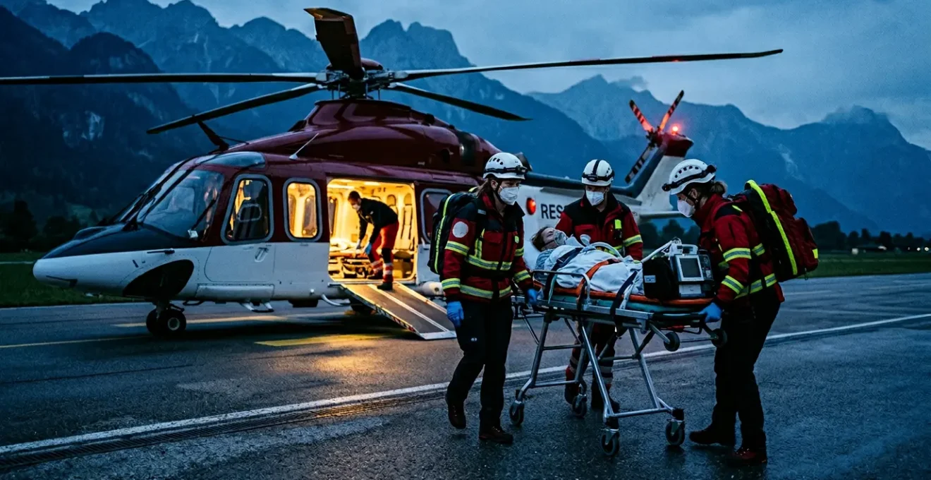 Équipe médicale transportant un patient sur civière vers un avion sanitaire